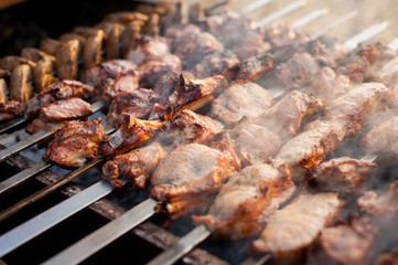 beef and pork steak bbq on the grill