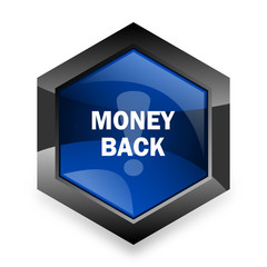 money back blue hexagon 3d modern design icon on white background