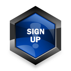 sign up blue hexagon 3d modern design icon on white background