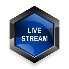 live stream blue hexagon 3d modern design icon on white background