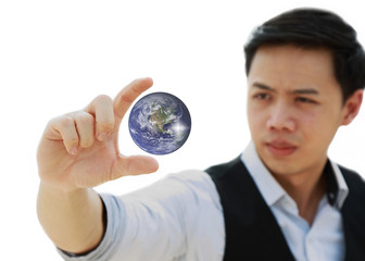 businessman' hand  holding and see the future earth concept isolated on white background