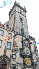 The Prague Astronomical Clock. medieval clock tower mounted on the southern wall of Old Town Hall Tower at the Old Town Square in Prague.