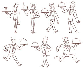 Obraz premium Vector Waiters set, line art. Line cartoon image of seven waiters in different clothes and with different attributes in their hands on a white background.