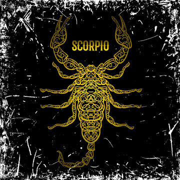 Scorpio. Ornate vintage golden Zodiac sign on grunge background. Vector hand drawn vector illustration