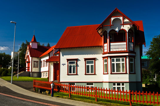 Colorful catholic church in Akureyri, north Iceland