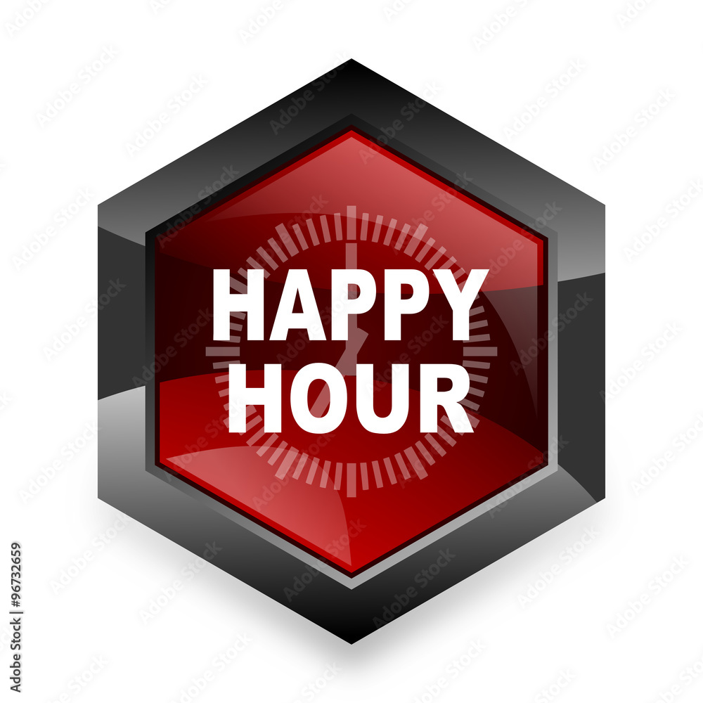 Poster happy hour red hexagon 3d modern design icon on white background