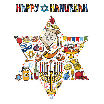 Hanukkah greeting card.Israel symbols in David Star.Doodles