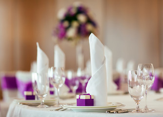 Table set for wedding or another catered event dinner.