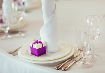 Table set for wedding or another catered event dinner.