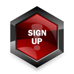 sign up red hexagon 3d modern design icon on white background
