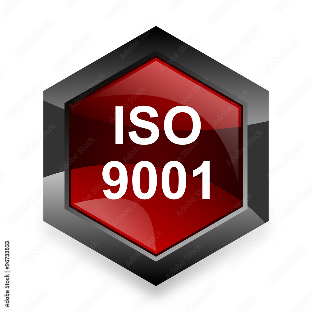 Poster iso 9001 red hexagon 3d modern design icon on white background