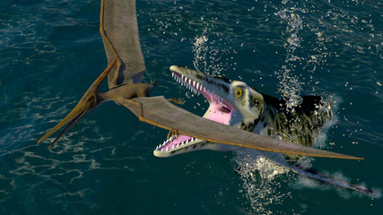 pteranodon and a predatory sea dinosaur © Sergey Drozdov