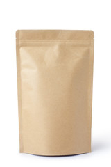 Brown paper food bag packaging with valve and seal, Isolated on white.