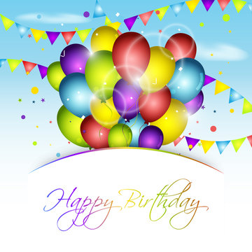 Happy Birthday greeting card with colorful balloons, confetti and flags. Vector illustration.