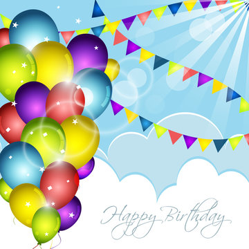 Happy Birthday greeting card with colorful balloons, confetti and flags. Vector illustration.