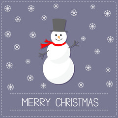 Fototapeta na wymiar Cartoon Snowman and snowflakes. Violet background. Merry Christmas card Flat design