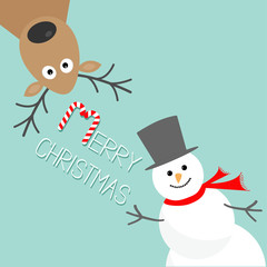 Cartoon Snowman and deer. Blue background. Candy cane. Merry Christmas card. Flat design