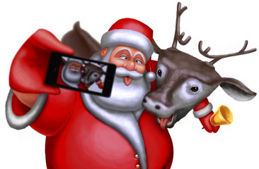 Santa Claus and reindeer are photographed on a smartphone