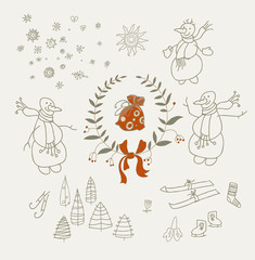Christmas wreaths set with snowman and New Year graphic elements, holiday symbols