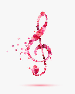 treble clef of rose petals. Romantic music symbol