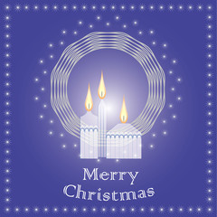 Christmas card with candles and wreath.