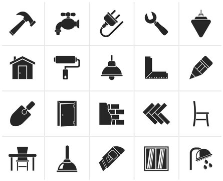Black Building and home renovation icons - vector icon set