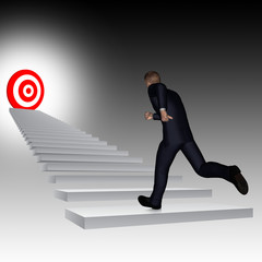 Conceptual 3D business man running, climbing stair with red target