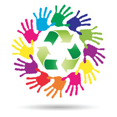 Concept circle of hands, green recycle symbol