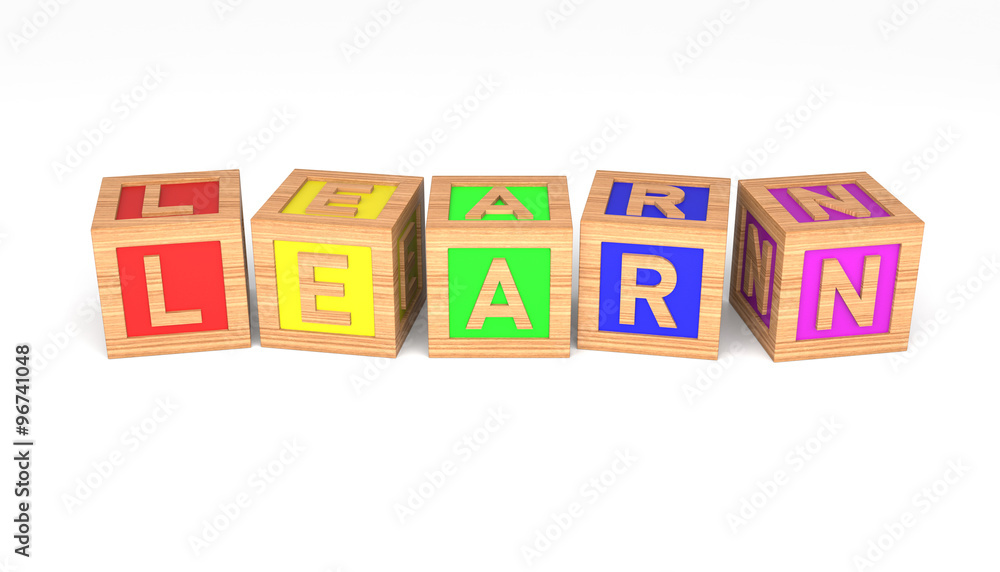 Poster learn alphabet blocks. isolated on white. 3d rendering