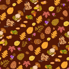 Seamless color pattern wild elements of nature, mushrooms, buds, plants, acorns, leaves. Vector drawing autumnal theme.