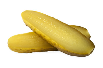 One pickled cucumber cut in half on white background
