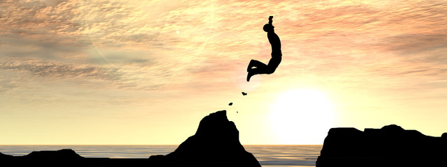 Human man silhouette jumping at sunset banner