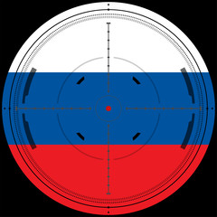 Sniper's scope sight view at russian flag
