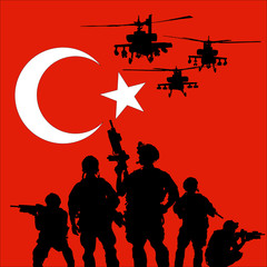 Fototapeta na wymiar turkish soldier with helicopters on the turkish flag background