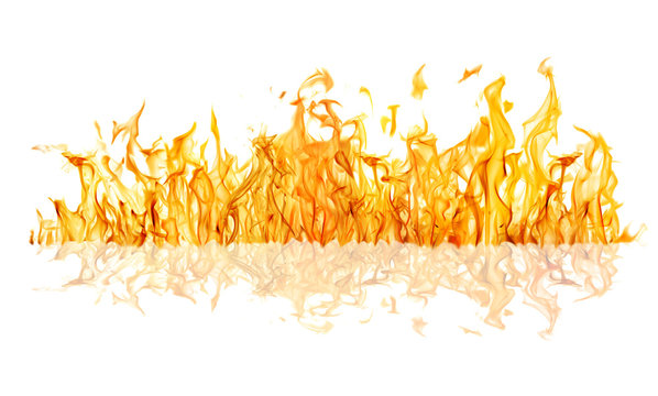 yellow fire long strip with reflection isolated on white
