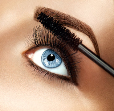 Mascara makeup applying closeup. Eyelashes extensions