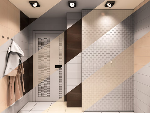 3D illustration of the bathroom in brown tones. Composition from visualization transition from the picture without to textures to the full-color image