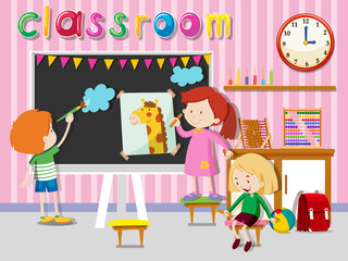 Children drawing and painting on board