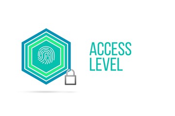 Access level concept image with pentagon shield and lock illustration and fingerprint icon inside