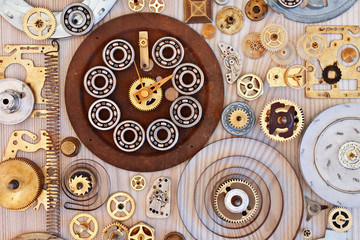 Mechanical collage with different items. Various metal parts on