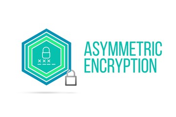 Asymmetric Encryption concept image with pentagon shield and lock illustration and icon inside