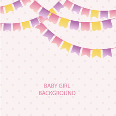 Cute vintage textile pink and violet bunting flags for girl's baby shower background. Cute flag garlands on polka dot background