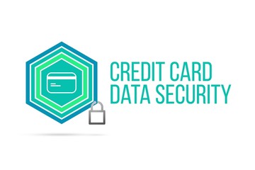 Credit card data security concept image with pentagon shield and lock illustration and icon inside