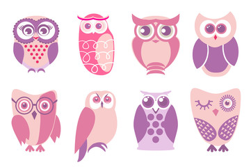 Set of cartoon pink owls. Vector illustration of cartoon owls in baby pink colors.