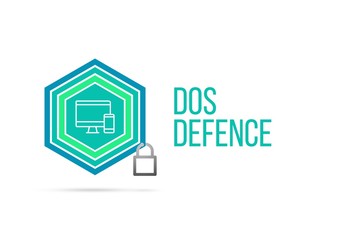 Dos Defence concept image with pentagon shield and lock illustration and icon inside