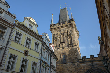 Fototapeta na wymiar Tower of Charles Bridge on Lesser Town side in Prague.