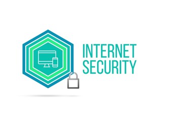 Internet security concept image with pentagon shield and lock illustration and computer smartphone icon inside