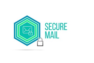Secure mail concept image with pentagon shield and lock illustration and envelope icon inside