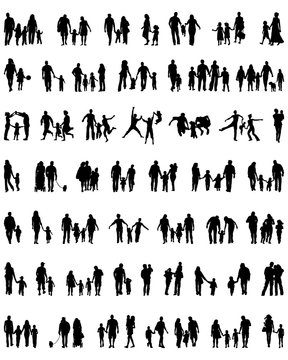 Black silhouettes of families in walk, vector