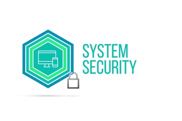 System security concept image with pentagon shield seal and lock illustration and icon inside